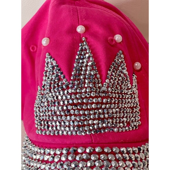 New w/o Tags Hot Pink Cotton Rhinestone Studded Crown Cap 100% Cotton Glitzy Boh - Picture 1 of 8